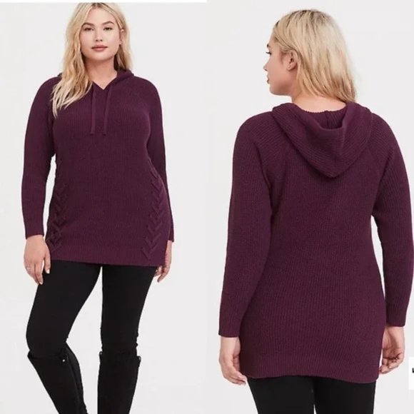 torrid Sweaters - Torrid Purple Knit Lace-Up Raglan Hoodie Tunic